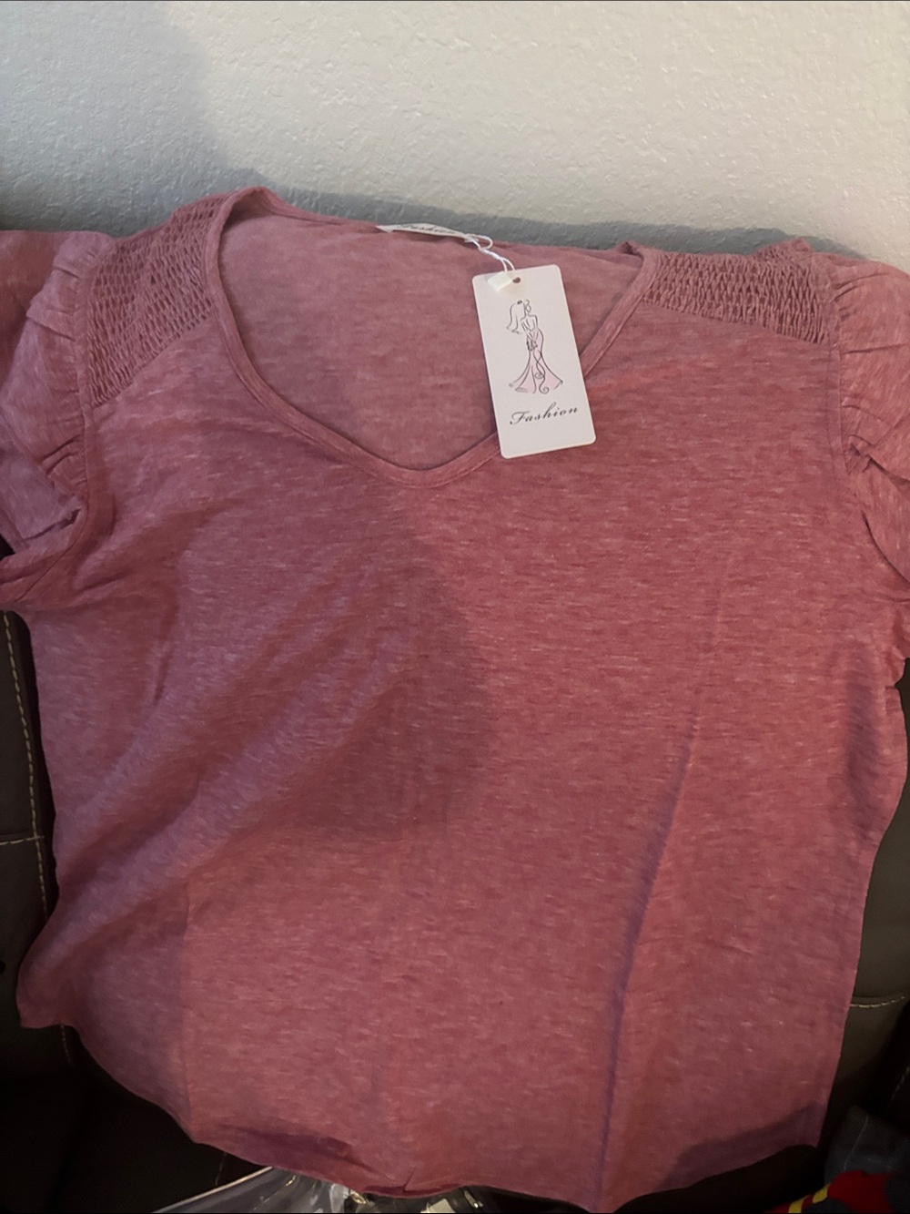 Women's Short Sleeve V-Neck Tee in Dusty Rose with Smocked Shoulders